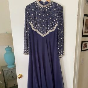 Vintage Beaded Navy Chiffon Evening Gown